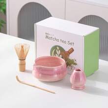 4pcs Classic Japanese Kiln-Fired Ceramic Matcha Tea Set, Includes Matcha Bowl With Lip, Whisk, Spoon, In White Color Gift Box, Song Dynasty Tea Ceremony Style - Baby Pink - View 1