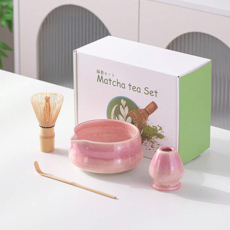 4pcs Classic Japanese Kiln-Fired Ceramic Matcha Tea Set, Includes Matcha Bowl With Lip, Whisk, Spoon, In White Color Gift Box, Song Dynasty Tea Ceremony Style - Baby Pink - View 1