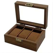 1pc Wood Grain Leather Watch Storage Box With Glass Top, Watch Collection Box, Bracelet Watch Display Box - Coffee Brown - View 14