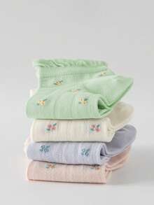 5 Pairs Floral Pattern Ruffle Trim Ankle Socks, Breathable Hollow Out Women's Casual Socks - Multicolor - View 5