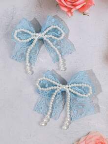 2pcs Blue Lace Bow Flower Hair Clips With Pearls, Alligator Clips, Elegant Fashion Hair Accessories For Girls, Teens, Party, Vacation, Gift - Blue - View 4
