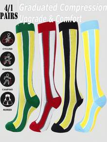 4/1 Vertical Striped Contrast Color Durable Micro-Compression Professional Sports Long Compression Socks, High Tube Socks Suitable For Running, Cycling, Fitness And Sports - Multicolor - View 1
