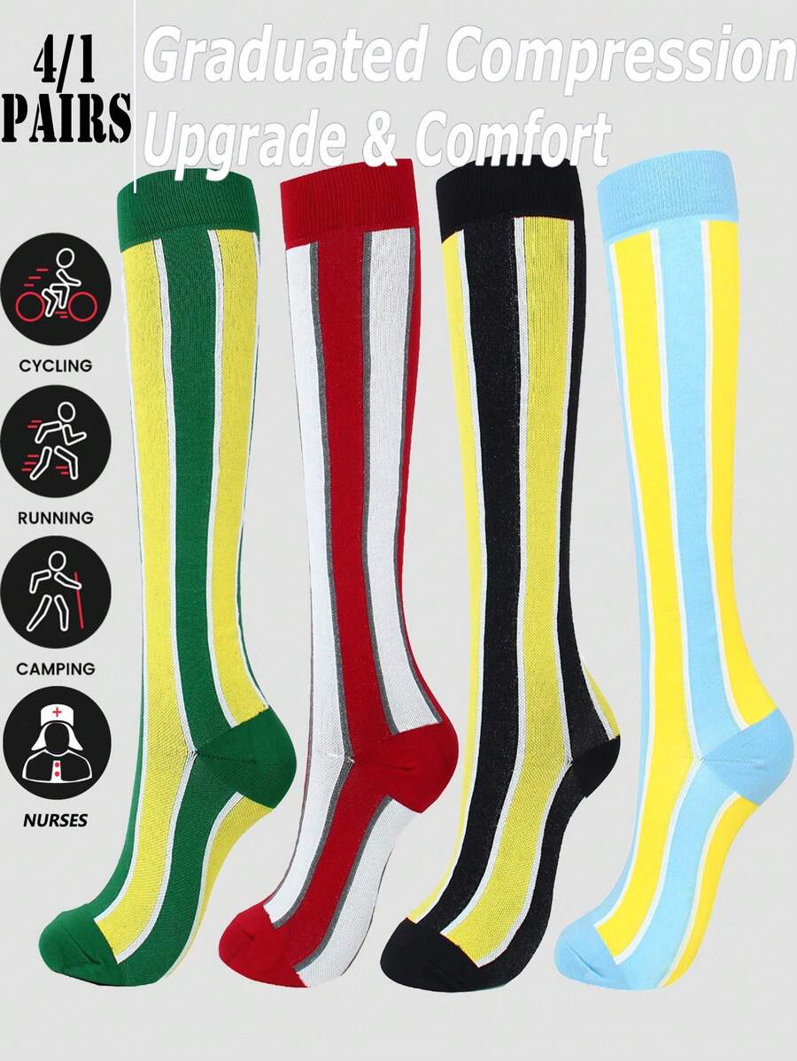 4/1 Vertical Striped Contrast Color Durable Micro-Compression Professional Sports Long Compression Socks, High Tube Socks Suitable For Running, Cycling, Fitness And Sports - Multicolor - View 1