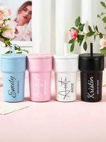 Vaso térmico de acero inoxidable personalizado, taza de viaje con nombre personalizado, regalo de dama de honor taza de café, regalo personalizado, vaso térmico con pajita, taza de viaje personalizada, vaso térmico, regalo de dama de honor, vaso térmico con tapa, invitación de dama de honor, despedida de soltera, taza de café - Multicolor - Ver 5