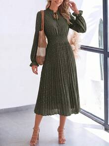PRETTYGARDEN Women's Spring Fall Midi Dress Casual Long Sleeve V Neck Swiss Dot Pleated A Line Flowy Dresses New Years Party Valentine Vacation Dresses For Women - 軍綠色 - 查看 3
