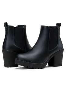 Women's Chunky Low Heel Chelsea Ankle Booties, Fashion Platform Fall Boots With Side Elastic Panels - 黑色 - 查看 7