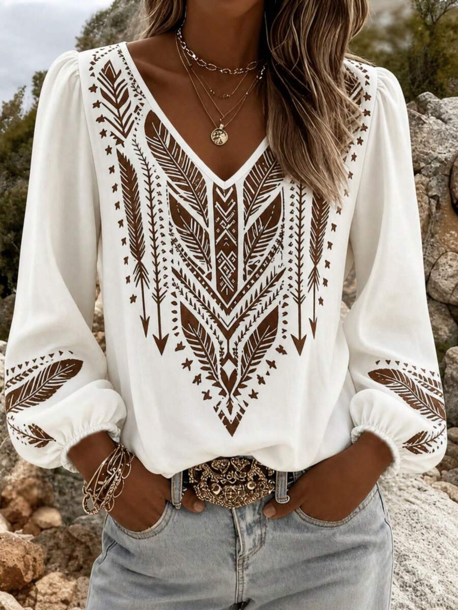 Women's Bohemian Print V-Neck Long Sleeve Blouse, Regular Fit Woven Fabric Top, Suitable For Autumn Wear - White - View 1