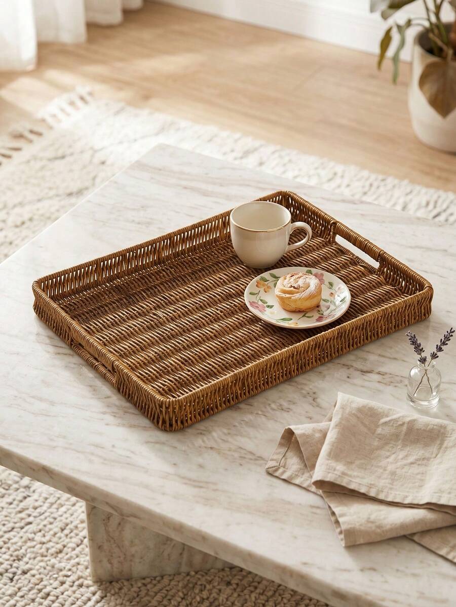 1/2/3pcs Vintage Handwoven Rattan Serving Tray With Handles, Multipurpose Decorative Basket For Bread, Snacks, Fruits, Desserts, Kitchen, Dining, Living Room, Balcony, Picnic, Home Storage Organizer