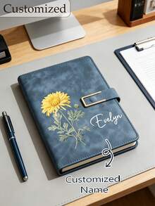 Personalized Birthday Flower Notebook And Pen Set, Customized Name Leather Notebook Gift, Women's Birthday Month Flower Notebook, Birthday/Teacher Gift - Multicolor - View 1
