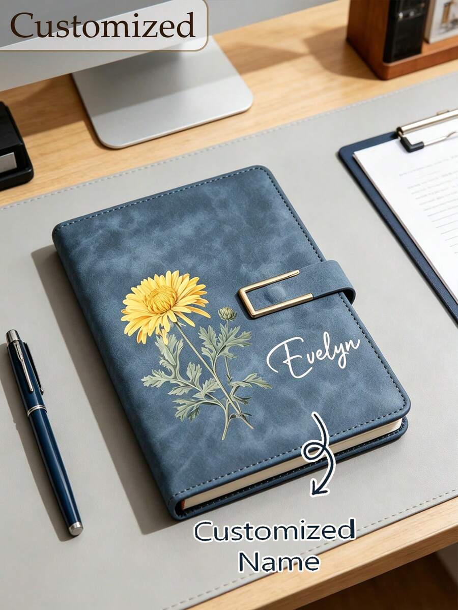 Personalized Birthday Flower Notebook And Pen Set, Customized Name Leather Notebook Gift, Women's Birthday Month Flower Notebook, Birthday/Teacher Gift - Multicolor - View 1