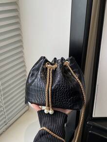Bolso bandolera mini tipo cubo con cadena de color liso de moda - Negro - Ver 3