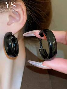 1 Pair Fashionable Mysterious Black Hoop Earrings, Versatile Stylish Elegant Earrings, Chic Daily Casual Accessory - Black - View 16