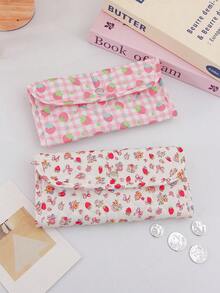 1Pc Cute Quilted Floral Print Long Wallet, Pink Strawberry Star Pattern Multi-Purpose Card Hohttpslder & Phone Pouch For Girls, Travel Organizer Pouch - Multicolor - View 7