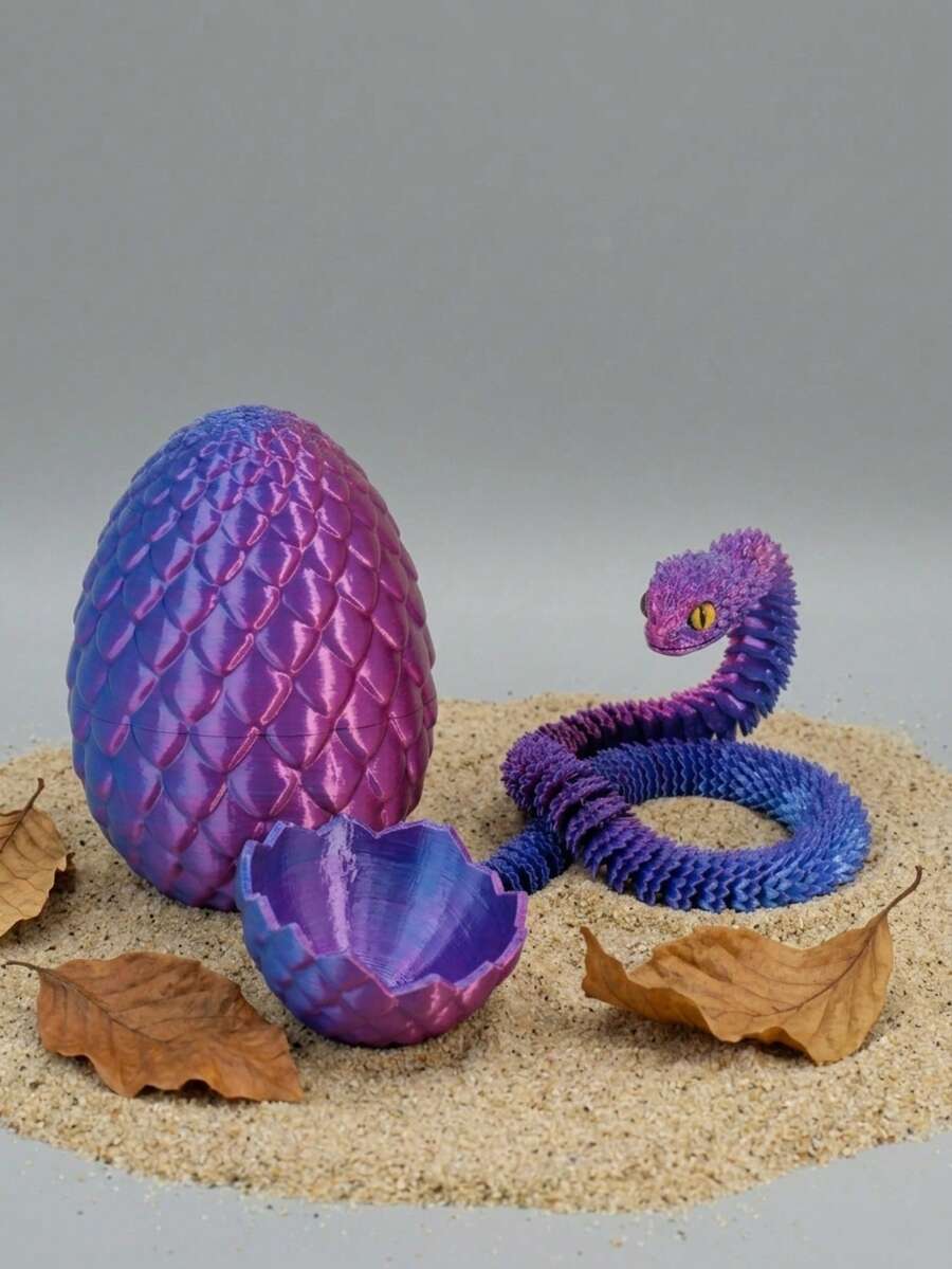 30厘米可动蝰蛇雕塑 - 3D打印软体可动蛇形摆件，带蛋，奇幻生物设计，家居/办公室桌面装饰减压玩具，适合3岁以上儿童，眼睛颜色随机，酷炫的圣诞节/万圣节/生日礼物，男孩女孩皆宜