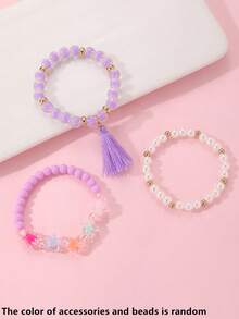3pcs/Set Girls Cartoon Bow Colorful Beads Beaded Bracelet Set Combination Suitable For Daily Decoration - Multicolor - View 2