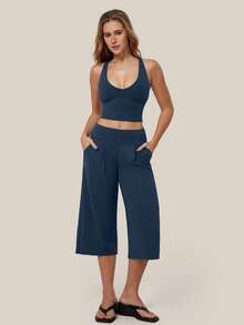 TimeOff Women's One Set Solid Color Built-In Padded Cropped Tank Top With Side Pockets And Pleated Waist Wide Leg Mid-Length Pants Sports Set - Blue - View 6