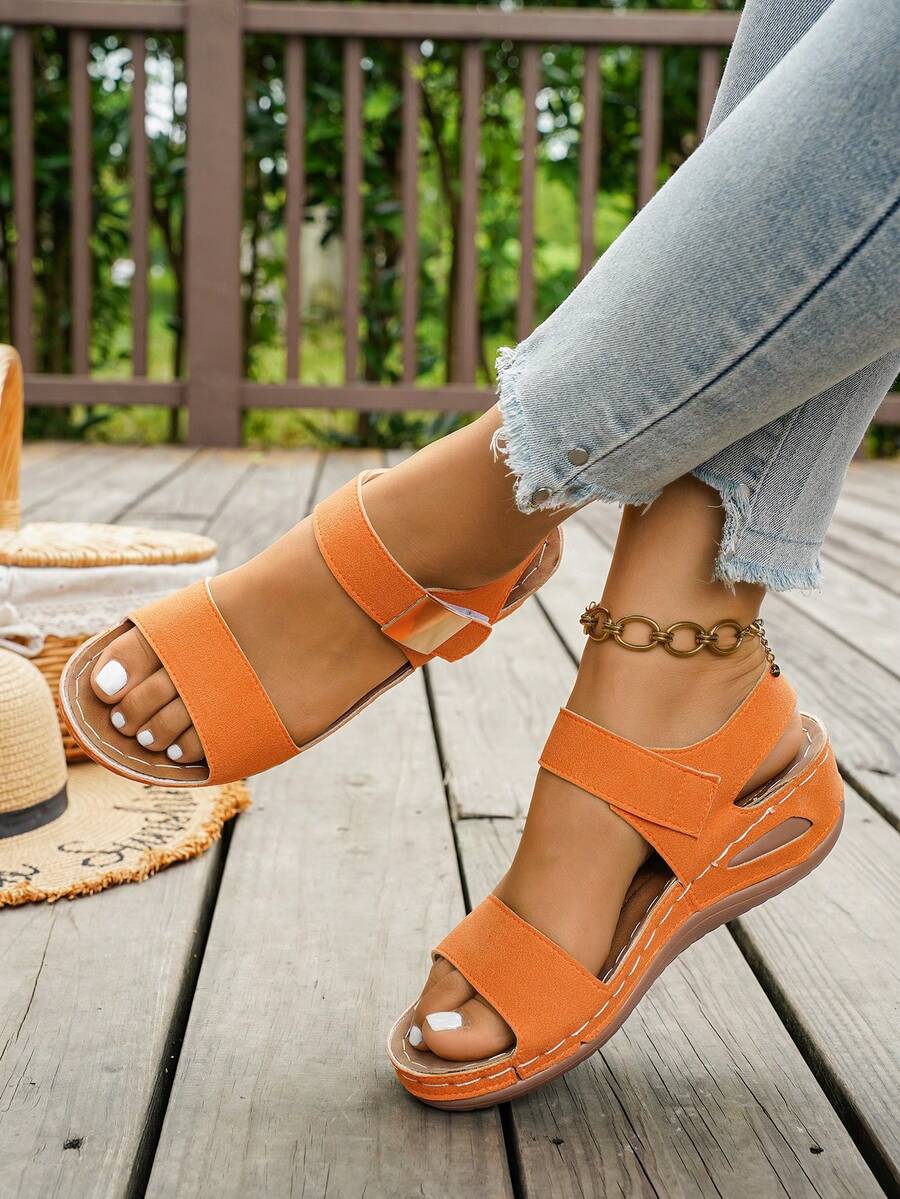 Plus Size Women's Vintage Solid Color Buckle Wedge Thick Sole Sandals - Orange - View 1