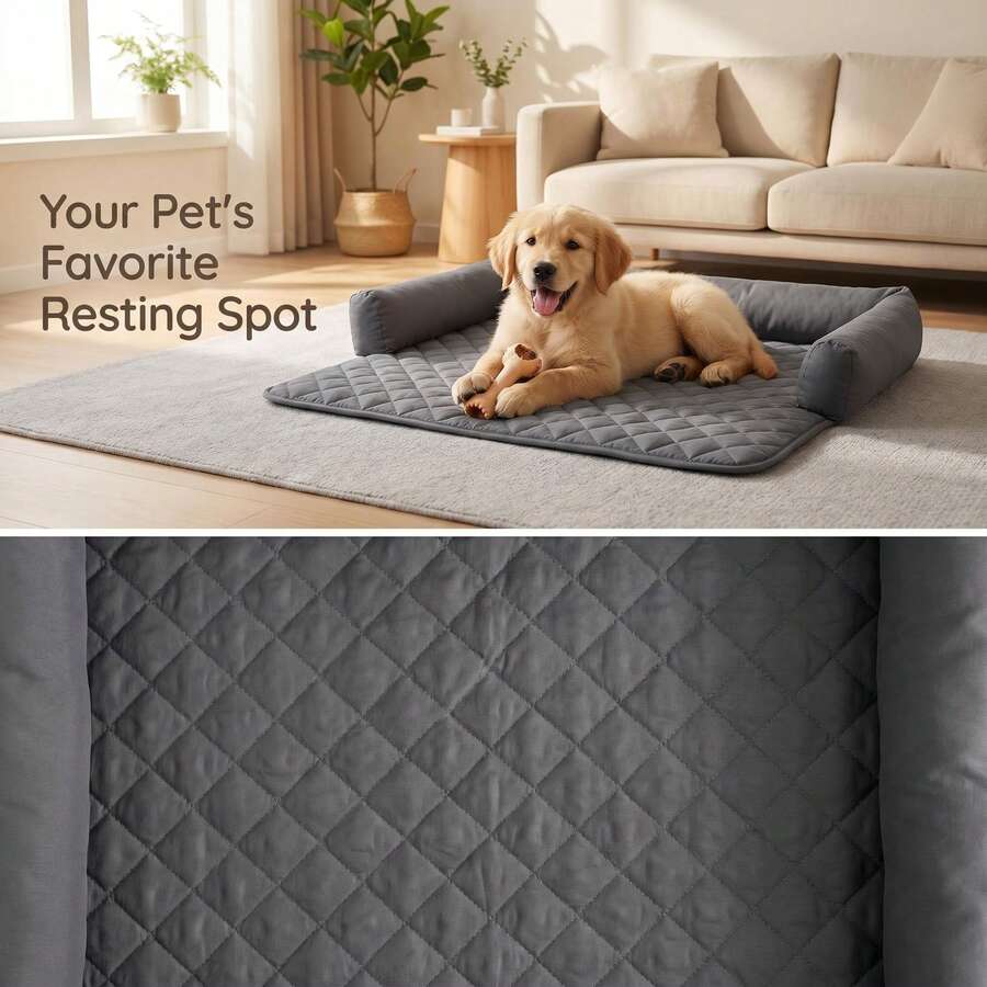 1 pièce Lit pour animaux de compagnie de couleur unie à carreaux, résistant à l'eau, antidérapant et fin, convient aux petits et moyens chats et chiens pour toutes les saisons - Gris foncé - Voir 1