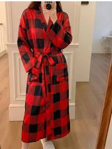 女款春夏秋新款睡袍家居服浴袍，洋裝式可穿式長款睡袍，寬鬆性感繫帶睡袍睡裙，和服風浴袍 - 紅色格子 - 查看 2