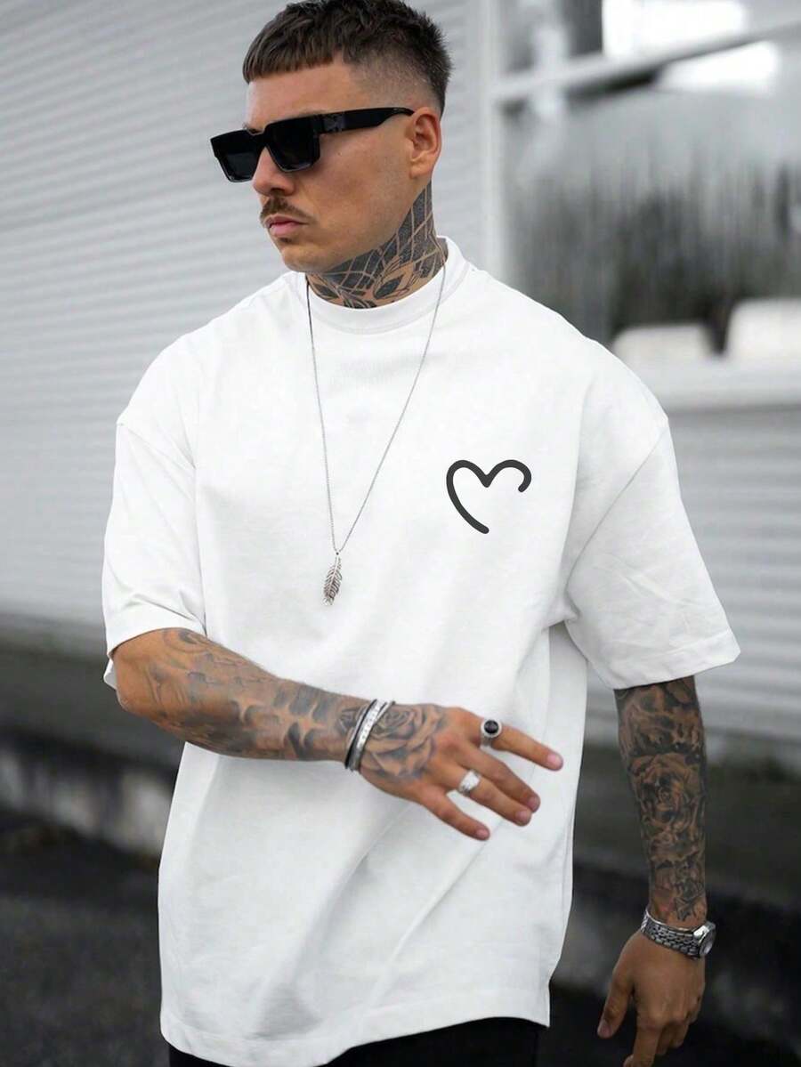Men's Heart-Patterned T-Shirt - 白色 - 查看 1