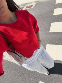 Elegaris Women's Knit Short Cardigan Sweater, Fashion Casual Beige Button Short Sleeve Top Summer Red - Red - View 5