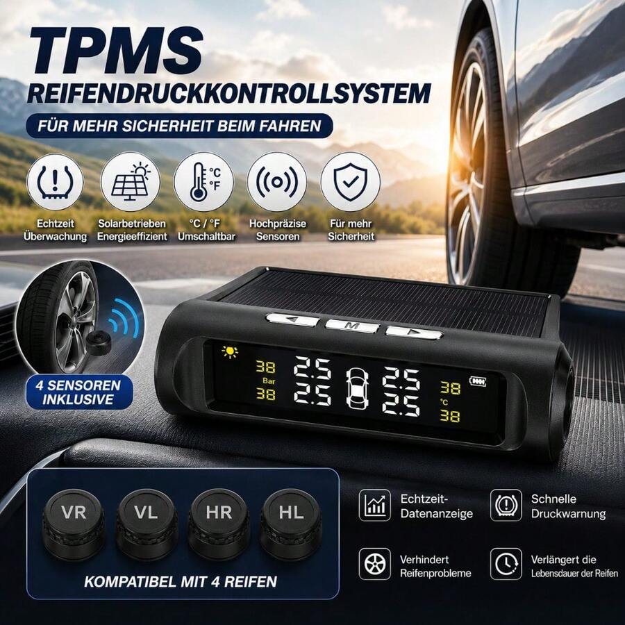 Solarbetriebenes TPMS-Reifendruckkontrollsystem mit 4 Reifensensoren, Digitales Reifendruck- und Temperaturüberwachungssystem für Fahrzeuge, Geeignet für interne und externe Sensoren - Solar-Reifendruckkontrollsystem - Übersicht 1