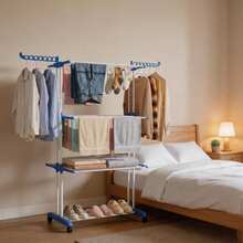 Foldable 3-Tier Drying Rack With Wheels, Large Capacity Laundry Rack, Home Storage Helper - Blue and White - View 2