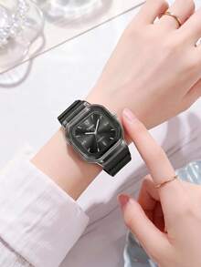 1 件女士休闲时尚简约方形硅胶表带石英腕表适合日常佩戴 - 黑色 - 查看 6