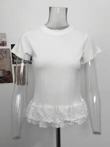 Damen T-Shirt mit Spitzen-Patchwork, besticktem Besatz, Rundhalsausschnitt und kurzen Ärmeln, vielseitiges figurschmeichelndes Sommer-Top - Weiss - Übersicht 7