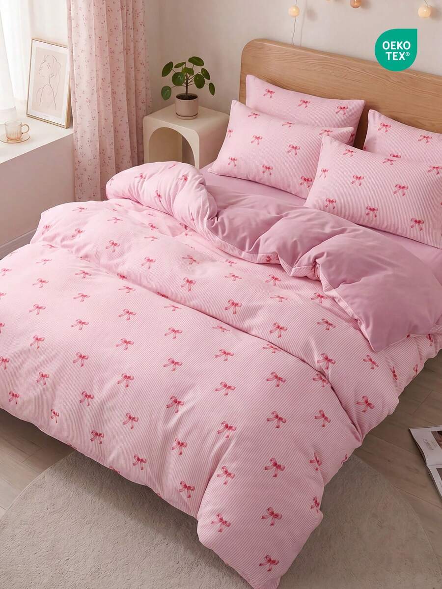 2/3pcs Bow Pattern Duvet Cover Set, Comforter Cover Set, Bedding Set, Cozy & Breathable, Lightweight, Anti-Pilling/Machine Washable, Room Decor, Bedroom Decor, Dorm Bedding, For All Seasons&Summer, Fits Twin/Full/Queen/King Beds, Back To School, Pink - Multicolor - View 1