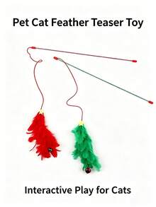 Cat Toy Red & Green Christmas Tree Teaser Wand With Bell, Interactive Pet Toy With Colorful Feathers, Indoor Cat Exercise Toy, No Battery Required, Suitable For All Seasons, Pet Supplies, Cat Entertainment Product, Universal For All Stages - View 5