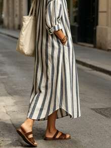 Women's Summer Lapel Striped Casual Lightweight Vacation Style Dress Elegant - Blue - View 5