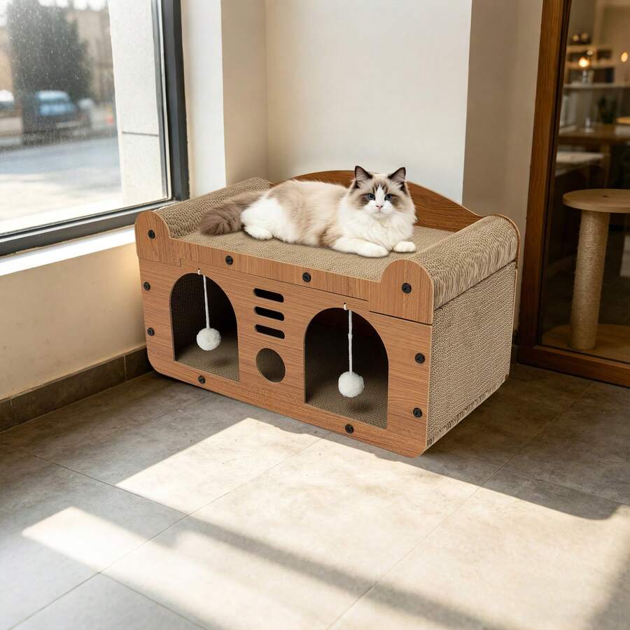 YUNRUX 2-In-1 Cat House With Cat Bed, Scratching Board And Play Balls (2 Plush Balls) - 1PC - 查看 1
