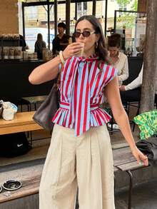 Spring/Summer Women's Elegant Red & Blue Striped Sleeveless Shirt With Bow Collar, Front Button-Down Cardigan, Ruffle Hem Blouse, Suitable For Office And Casual Wear - Red and Blue - View 5