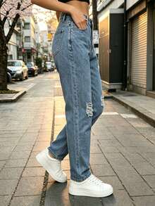 Pantalon De Mezclilla Dam,Pantalones acampanados de mezclilla azul medio lavados con roturas, cintura media, ajustados y elásticos - 2052 - Ver 4