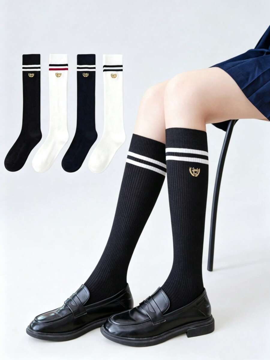1/3 Paar gestreifte College-Stil Kniestrümpfe, süßer Stil Damen Wadenstrümpfe, japanischer koreanischer JK-Mädchen-Stil vielseitig für den täglichen Gebrauch und Sport, zweistreifige gestreifte einfarbige Mittellänge Socken, Damen Sportsocken - Verschiedenfarbig - Übersicht 1