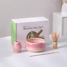4pcs Classic Japanese Kiln-Fired Ceramic Matcha Tea Set, Includes Matcha Bowl With Lip, Whisk, Spoon, In White Color Gift Box, Song Dynasty Tea Ceremony Style - Baby Pink - View 4