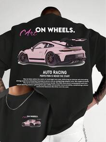 Men's Supercar Print T-Shirt, Casual Street Style, Round Neck, Loose Fit, Free Shipping, Family Matching Outfit For Adult And Children's Sizes, Men's - Black - View 1