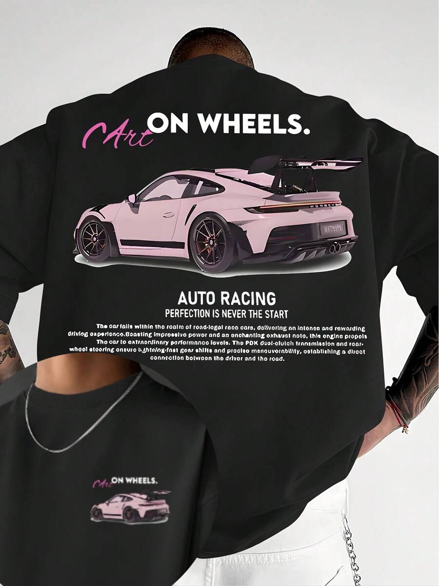 Men's Supercar Print T-Shirt, Casual Street Style, Round Neck, Loose Fit, Free Shipping, Family Matching Outfit For Adult And Children's Sizes, Men's - Black - View 1