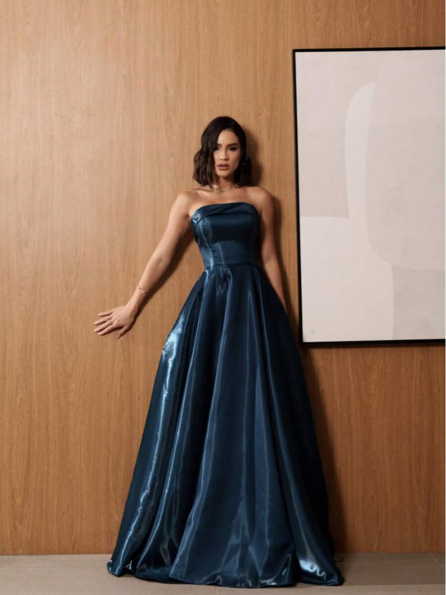 Women's Strapless Long Party Dress In Glossy Zibeline Fabric With Padded Cups And Adjustable Back | For Graduation, Wedding, And Bridesmaid - 水鴨藍 - 查看 1