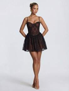 Gaun Pesta Mini Model A-Line Hitam Berenda untuk Wanita, Cocok untuk Pernikahan - Hitam - View 4