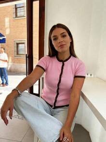 Mori Summer Women's Y2K Pink Fitted Contrast Color Ruffle Short Sleeve Knit Cardigan, Ribbed Button Top, Suitable For Daily And Commuting - Vitality Powder + Red Coffee - View 11