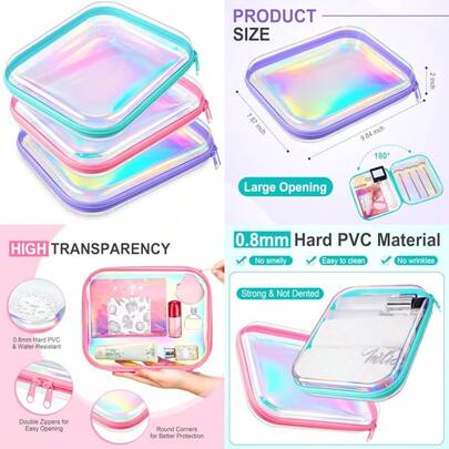 3 Pcs Clear Hard Zipper Case Hard Plastic Zipper Pouch Makeup Bag Portable Travel Organizer For Cosmetics, Office Supplies, Documents And Toiletries,M