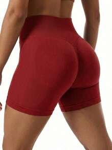 FWH #Slimming & Shaping# 女款無縫運動短褲，彈性腰帶，3D 抓皺設計，舒適彈性腰部，提臀抓皺修身，強化臀部線條，自由活動，休閒日常運動健身跑步無束縛，女款休閒提臀運動短褲 - 紅色 - 查看 5