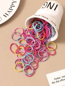 100pcs Women's Colorful Elastic Hair Bands And Small Finger Rings, Daily Casual Hair Accessories For Back To School Season - 彩色 - 查看 2