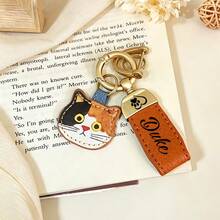 Personalized Leather Cat Keychain With Custom Name, Cute Cat Bag Charm For Cat Lovers - Multicolor - View 3