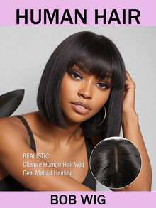 200% Density Straight Short Bob Wig With Bangs, Glueless Transparent Lace Top, Suitable For Beginners, Natural Black, Made Of Human Hair, Natural Look - Natural Black - View 1