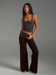 Pantalones acampanados de cintura ancha con lunares casuales para mujer, leggings de cintura alta plisados y estilizadores - Lunares marrones - Ver 10