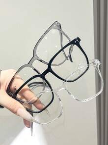 3 Pairs/1 Pair Women's Large Frame Plastic Square Rivet Casual Street Style Fashion Non-Prescription Glasses, Suitable For Dating, Library, Writing, Reading And Other Occasions (Glasses Case Not Included) - Transparent - View 3