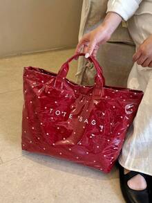 Summer Red New PVC Waterproof Women's Tote Bag, Fashionable Exquisite Floral Pattern Versatile Handbag For Commuting/Vacation - Red - View 3